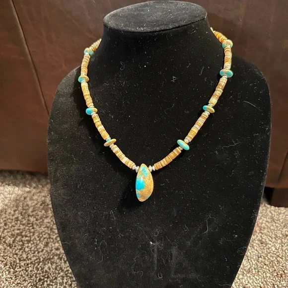 Handmade Turquoise, Shell & Sterling Silver Necklace very different - Picture 1 of 4